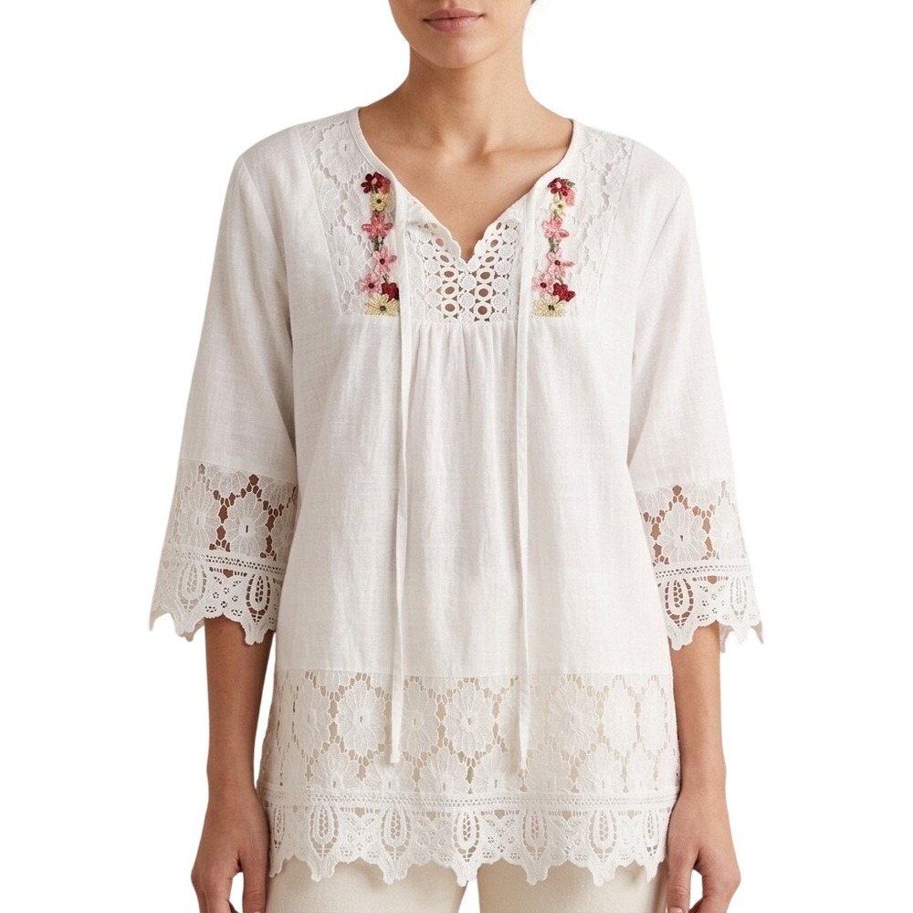 Boho Tunic‎ Women Large White Floral Embroidered Crochet Lace Cotton 3/4 Sleeve
